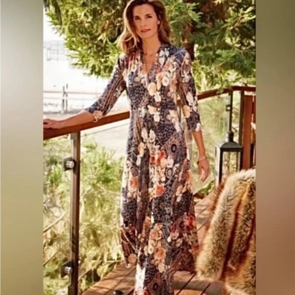 Soft Surroundings Floral Maxi Dress - Dark Blue, Orange, and Cream